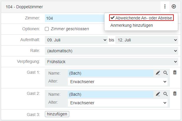 Buchung abweichende An Abreise
