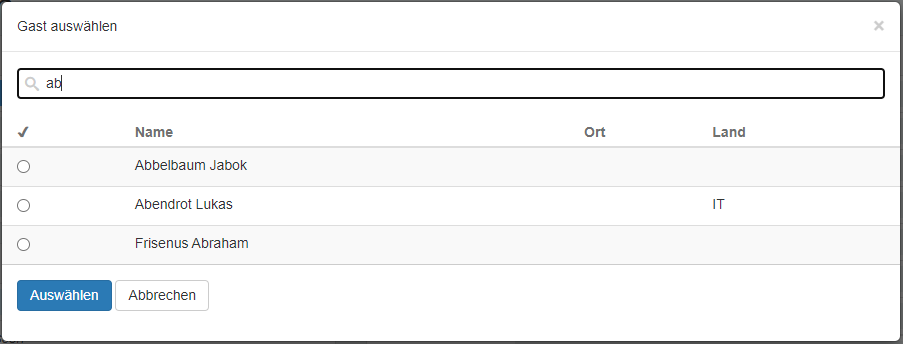Kontakt bestehende Gäste Auswahl