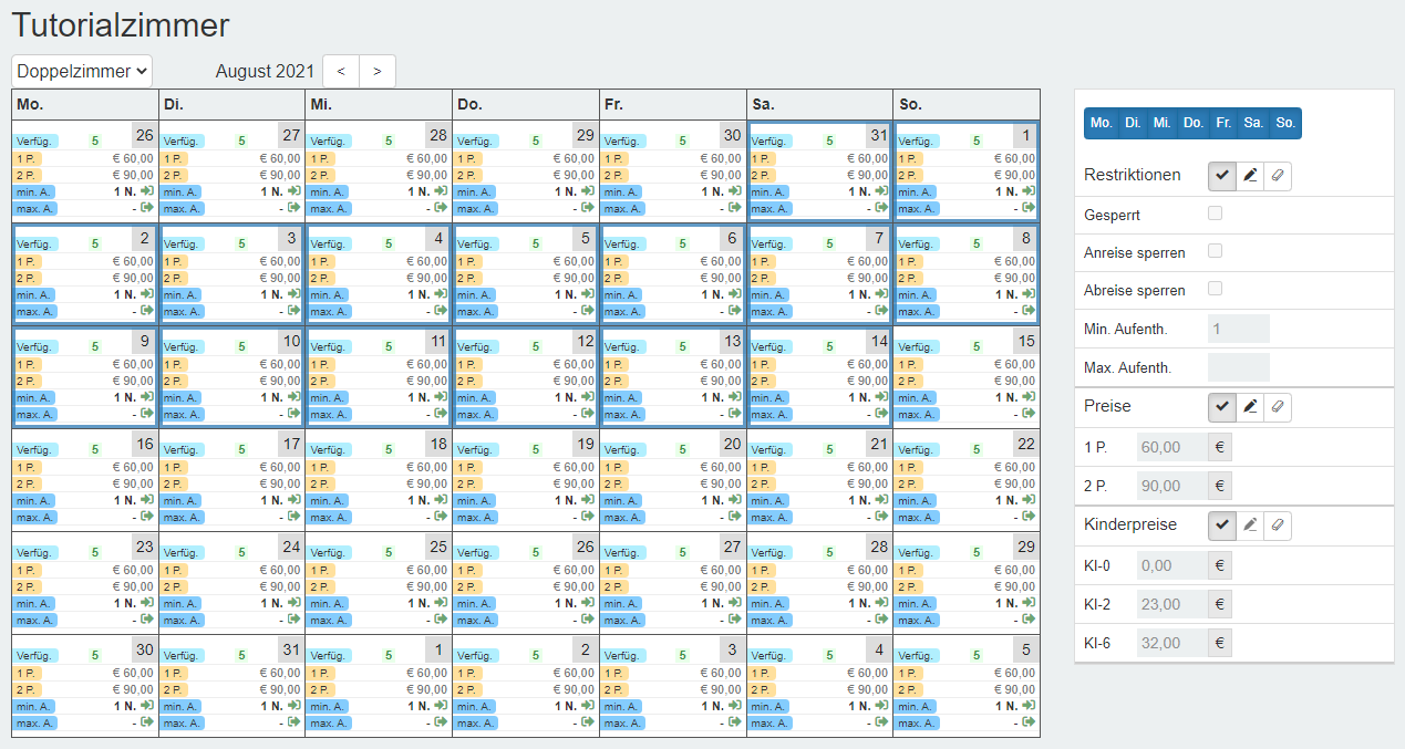 Preiskalender Wochenauswahl