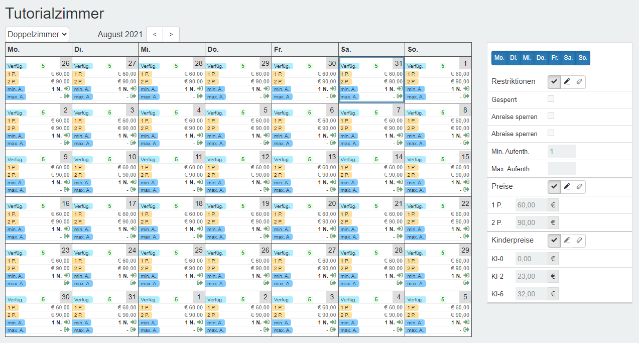 Preiskalender einzelne Auswahl