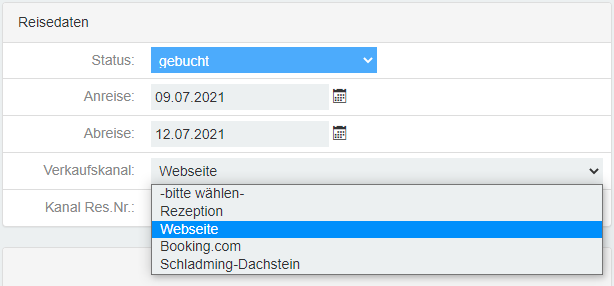 Reisedaten Verkaufskanal Auswahl