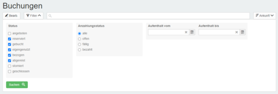 Buchung Übersicht Filter